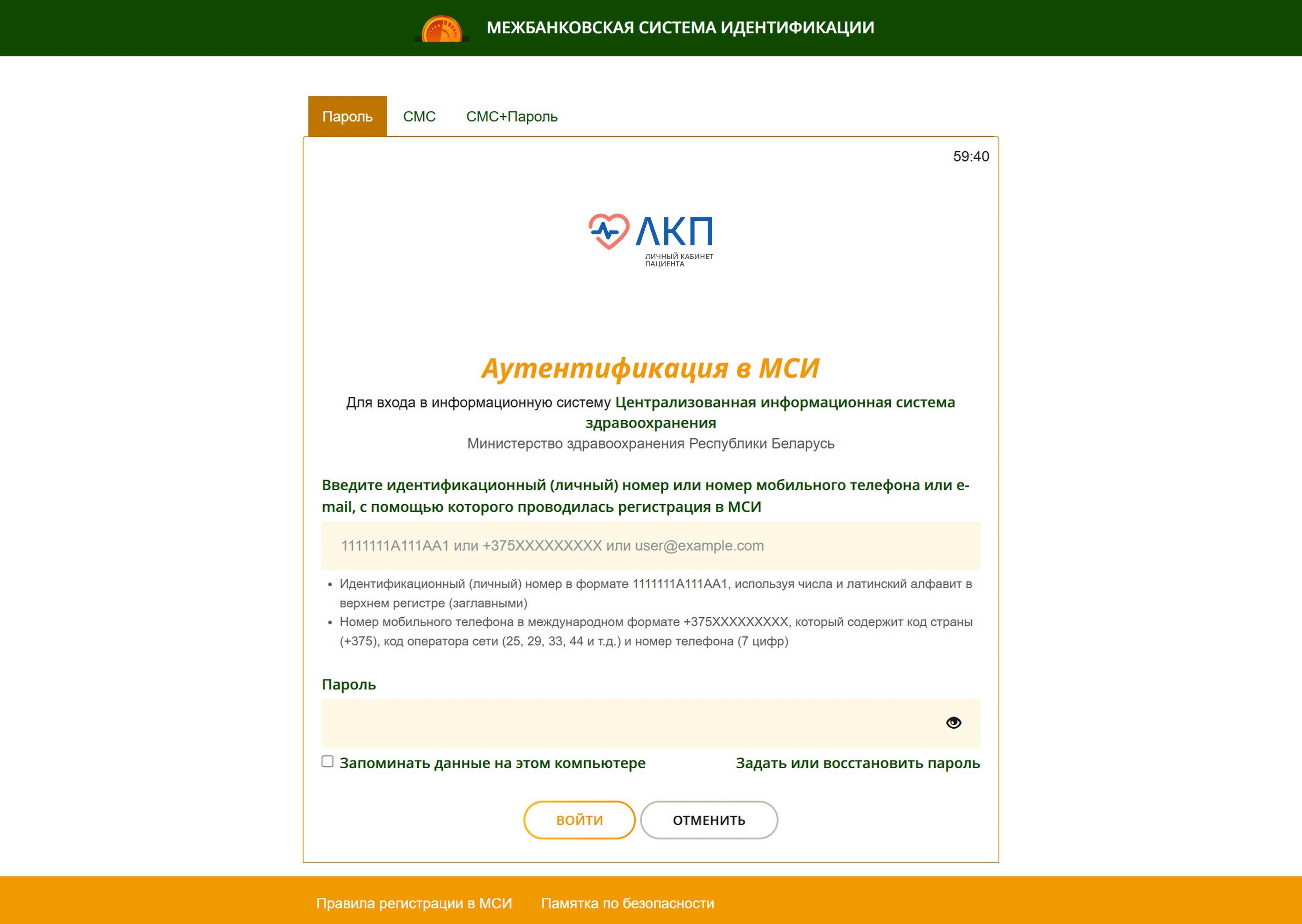 Окно ввода данных аутентификации МСИ